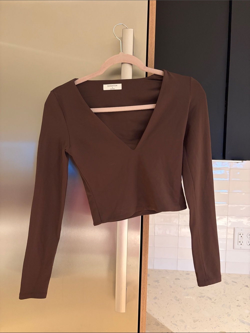 Aritzia Brown V-Neck Long-Sleeve Crop Top